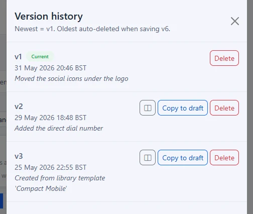 The Version history panel listing saved versions with Restore and Delete