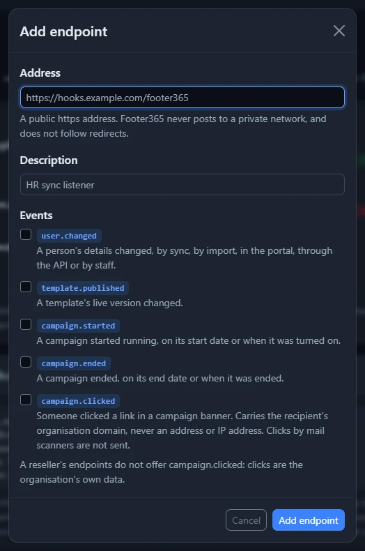 The Add endpoint window with the address, a description and the events to send