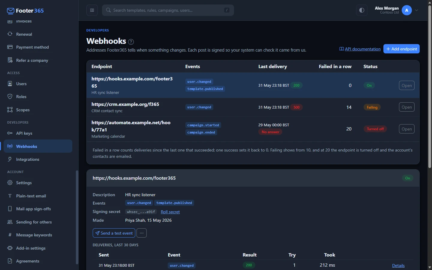 The Webhooks page listing three endpoints with their events, last delivery, failures in a row and status, and the first endpoint opened with its signing secret and delivery log